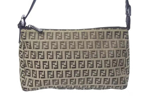 極美品 FENDI フェンディ ハンドバッグ ズッキーノ ポーチ ベージュ ブラウン コットンキャンバス レザー ブラック金具 中古 4c075362 