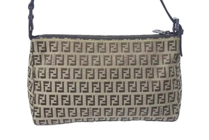 極美品 FENDI フェンディ ハンドバッグ ズッキーノ ポーチ ベージュ ブラウン コットンキャンバス レザー ブラック金具 中古 4c075362 