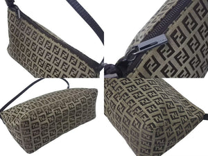 極美品 FENDI フェンディ ハンドバッグ ズッキーノ ポーチ ベージュ ブラウン コットンキャンバス レザー ブラック金具 中古 4c075362 