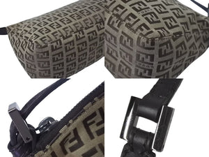 極美品 FENDI フェンディ ハンドバッグ ズッキーノ ポーチ ベージュ ブラウン コットンキャンバス レザー ブラック金具 中古 4c075362 