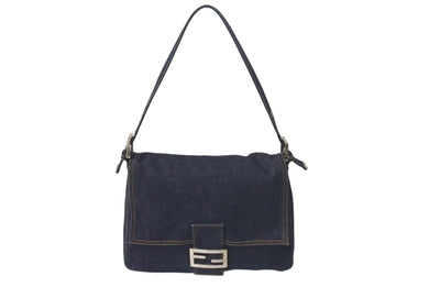 FENDI フェンディショルダーバッグ マンマバケット デニムブルーシルバー コットン金具シルバー 美品 中古 4c075365 