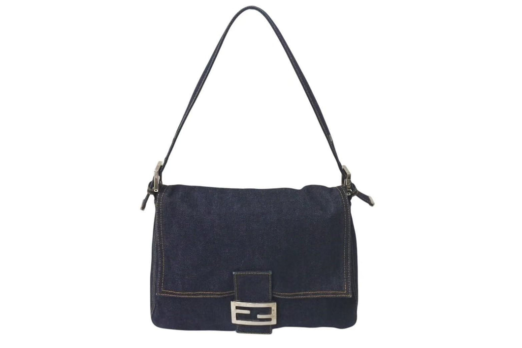 FENDI フェンディショルダーバッグ マンマバケット デニムブルーシルバー コットン金具シルバー 美品 中古 4c075365 