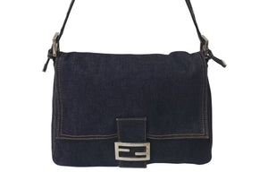 FENDI フェンディショルダーバッグ マンマバケット デニムブルーシルバー コットン金具シルバー 美品 中古 4c075365 