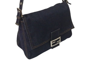 FENDI フェンディショルダーバッグ マンマバケット デニムブルーシルバー コットン金具シルバー 美品 中古 4c075365 