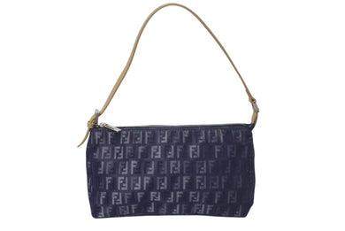 極美品 FENDI フェンディ ハンドバッグ ズッキーノ ワンショルダーバッグ ネイビー コットンキャンバス レザー シルバー金具 中古 4c075367 