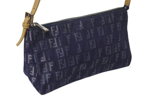 極美品 FENDI フェンディ ハンドバッグ ズッキーノ ワンショルダーバッグ ネイビー コットンキャンバス レザー シルバー金具 中古 4c075367 
