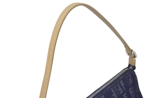 極美品 FENDI フェンディ ハンドバッグ ズッキーノ ワンショルダーバッグ ネイビー コットンキャンバス レザー シルバー金具 中古 4c075367 