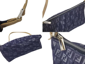 極美品 FENDI フェンディ ハンドバッグ ズッキーノ ワンショルダーバッグ ネイビー コットンキャンバス レザー シルバー金具 中古 4c075367 