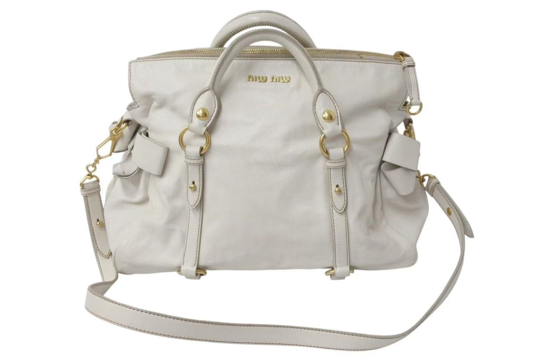 MIUMIU ミュウミュウ Side Ribbons Hand Bag サイドリボンハンドバック ベージュ レザー ゴールド金具 美品 中古 4c075371