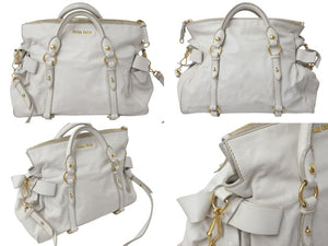 MIUMIU ミュウミュウ Side Ribbons Hand Bag サイドリボンハンドバック ベージュ レザー ゴールド金具 美品 中古 4c075371