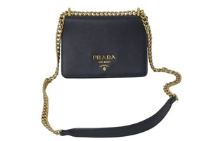 極美品 PRADA プラダ サフィアーノ チェーンショルダーバッグ 1BD133 ブラック レザー ゴールド金具 中古 4c075375