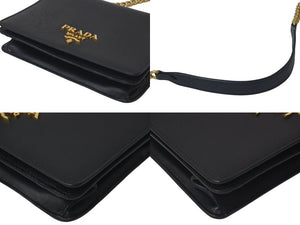 極美品 PRADA プラダ サフィアーノ チェーンショルダーバッグ 1BD133 ブラック レザー ゴールド金具 中古 4c075375