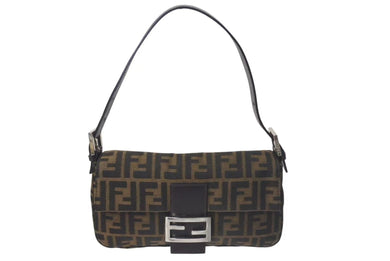 FENDI フェンディ マンマバケット ワンショルダーバッグ ズッカ柄 コットンキャンバス レザー シルバー金具 ブラウン 美品 中古 4c075385