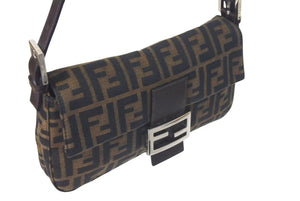 FENDI フェンディ マンマバケット ワンショルダーバッグ ズッカ柄 コットンキャンバス レザー シルバー金具 ブラウン 美品 中古 4c075385 