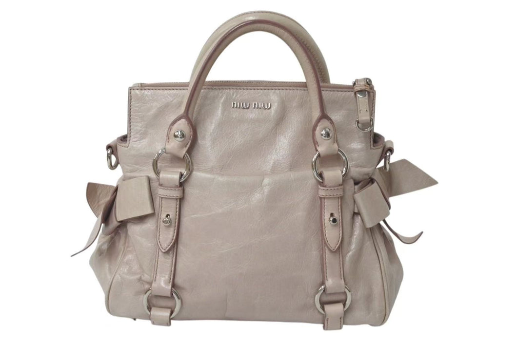 MIUMIU ミュウミュウ Side Ribbon Bag サイドリボンハンドバッグ ベージュ レザー RT0438 シルバー金具 美品 中古 4c075389