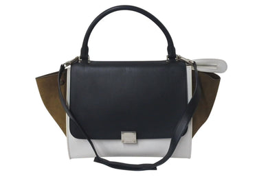 CELINE セリーヌ トラペーズ ハンドバッグ 169543 ブラック ホワイト カーキグリーン カーフスキン シルバー金具 美品 中古 4c075391