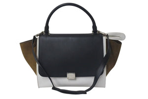 CELINE セリーヌ トラペーズ ハンドバッグ 169543 ブラック ホワイト カーキグリーン カーフスキン シルバー金具 美品 中古 4c075391