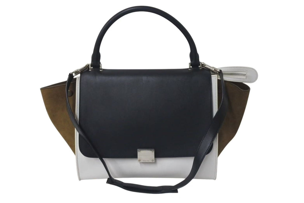CELINE セリーヌ トラペーズ ハンドバッグ 169543 ブラック ホワイト カーキグリーン カーフスキン シルバー金具 美品 中古 4c075391