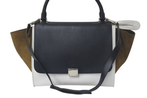 CELINE セリーヌ トラペーズ ハンドバッグ 169543 ブラック ホワイト カーキグリーン カーフスキン シルバー金具 美品 中古 4c075391