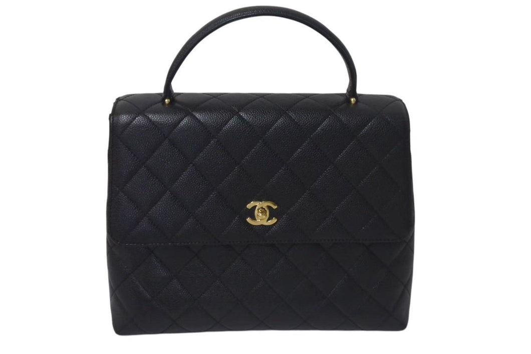 極美品 CHANEL シャネル ハンドバッグ 7番台 キャビアスキン ココマーク キルティング ブラック ゴールド金具 中古 4c075395