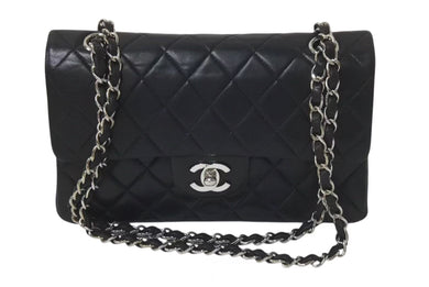 CHANEL シャネル マトラッセ 23cm Wチェーンショルダーバッグ Wフラップ 6番台 ラムスキン ココマーク ブラック 美品 中古 4c075396