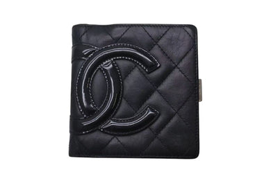 CHANEL シャネル カンボンライン 二つ折財布 10番台 ブラック ピンク ラムスキン A26720 美品 中古 4c075407