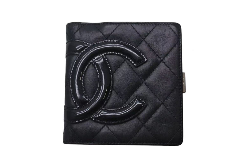 CHANEL シャネル カンボンライン 二つ折財布 10番台 ブラック ピンク ラムスキン A26720 美品 中古 4c075407