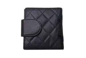 CHANEL シャネル カンボンライン 二つ折財布 10番台 ブラック ピンク ラムスキン A26720 美品 中古 4c075407