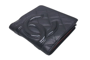 CHANEL シャネル カンボンライン 二つ折財布 10番台 ブラック ピンク ラムスキン A26720 美品 中古 4c075407