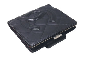 CHANEL シャネル カンボンライン 二つ折財布 10番台 ブラック ピンク ラムスキン A26720 美品 中古 4c075407