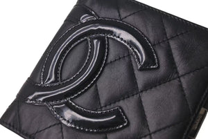 CHANEL シャネル カンボンライン 二つ折財布 10番台 ブラック ピンク ラムスキン A26720 美品 中古 4c075407