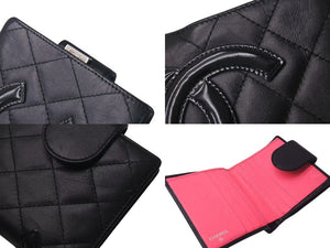 CHANEL シャネル カンボンライン 二つ折財布 10番台 ブラック ピンク ラムスキン A26720 美品 中古 4c075407
