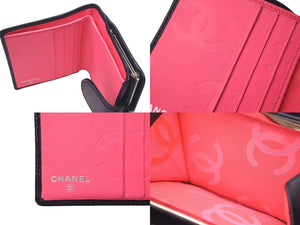 CHANEL シャネル カンボンライン 二つ折財布 10番台 ブラック ピンク ラムスキン A26720 美品 中古 4c075407