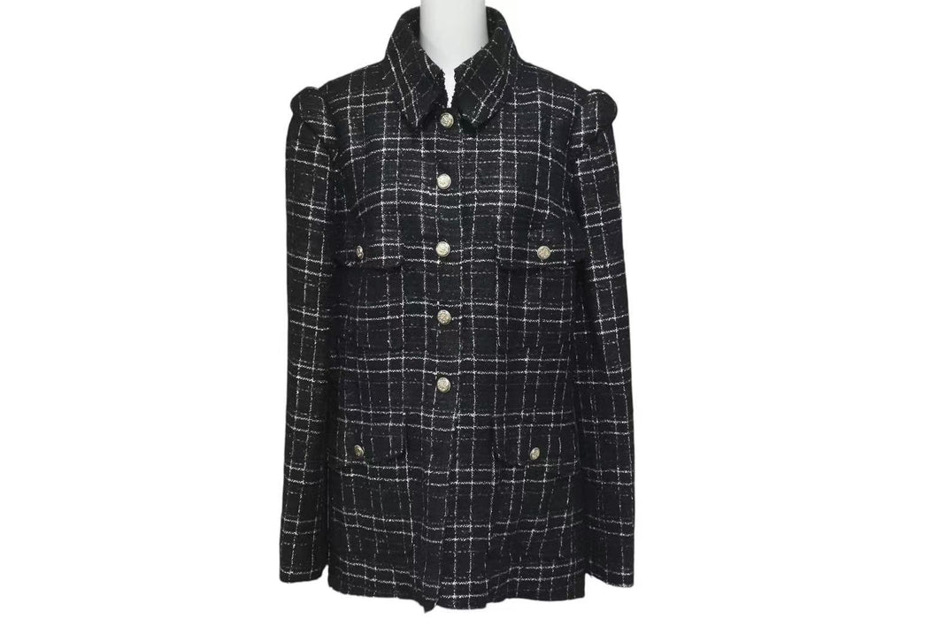 Chanel シャネル ツイード ラメ ハサミモチーフボタン チェック ジャケット P32182 ブラック サイズ48 美品 中古 4c075433