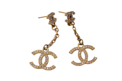 極美品 CHANEL シャネル ピアス ココマーク ロングチェーン 4モチーフ ぶら下がり 01A GP ラインストーン ゴールド 中古 4c075474
