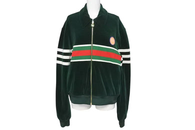 極美品 GUCCI × adidas グッチ アディダス シェリーライン ベロア トラックジャケット グリーン 691782 XJEKT パッチ ロゴ ゴールド金具 サイズS 中古 4c075514