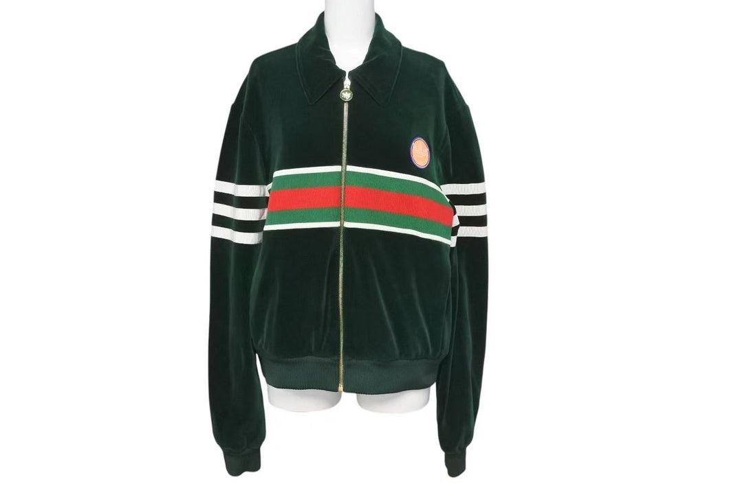 極美品 GUCCI × adidas グッチ アディダス シェリーライン ベロア トラックジャケット グリーン 691782 XJEKT パッチ ロゴ ゴールド金具 サイズS 中古 4c075514