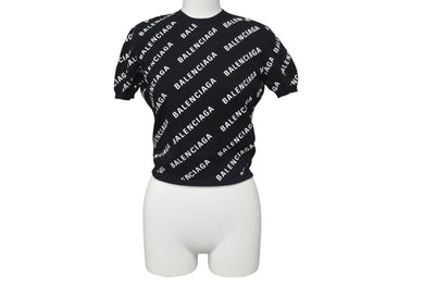 極美品 BALENCIAGA バレンシアガ Mini Allover Logo Sweater 半袖ニット コットン イタリア製 ブラック ホワイト サイズXS 中古 4c075516