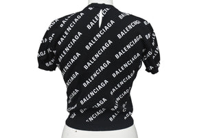 極美品 BALENCIAGA バレンシアガ Mini Allover Logo Sweater 半袖ニット コットン イタリア製 ブラック ホワイト サイズXS 中古 4c075516