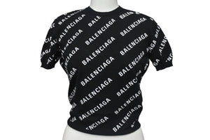 極美品 BALENCIAGA バレンシアガ Mini Allover Logo Sweater 半袖ニット コットン イタリア製 ブラック ホワイト サイズXS 中古 4c075516