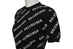 極美品 BALENCIAGA バレンシアガ Mini Allover Logo Sweater 半袖ニット コットン イタリア製 ブラック ホワイト サイズXS 中古 4c075516