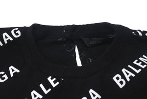 極美品 BALENCIAGA バレンシアガ Mini Allover Logo Sweater 半袖ニット コットン イタリア製 ブラック ホワイト サイズXS 中古 4c075516