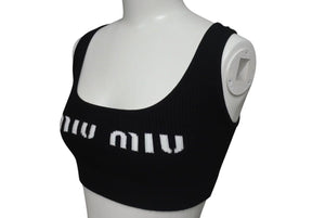 極美品 MIUMIU ミュウミュウ 23SS ビスコース クロップド ロゴ タンクトップ ブラック ポリエステル 現行 MMV076 サイズ36 中古 4c075523