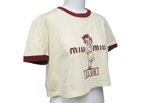MIU MIU ミュウミュウ 22SS クロップドリンガー 半袖Tシャツ コットン ワインレッド イエロー サイズXS 美品 中古 4c075524