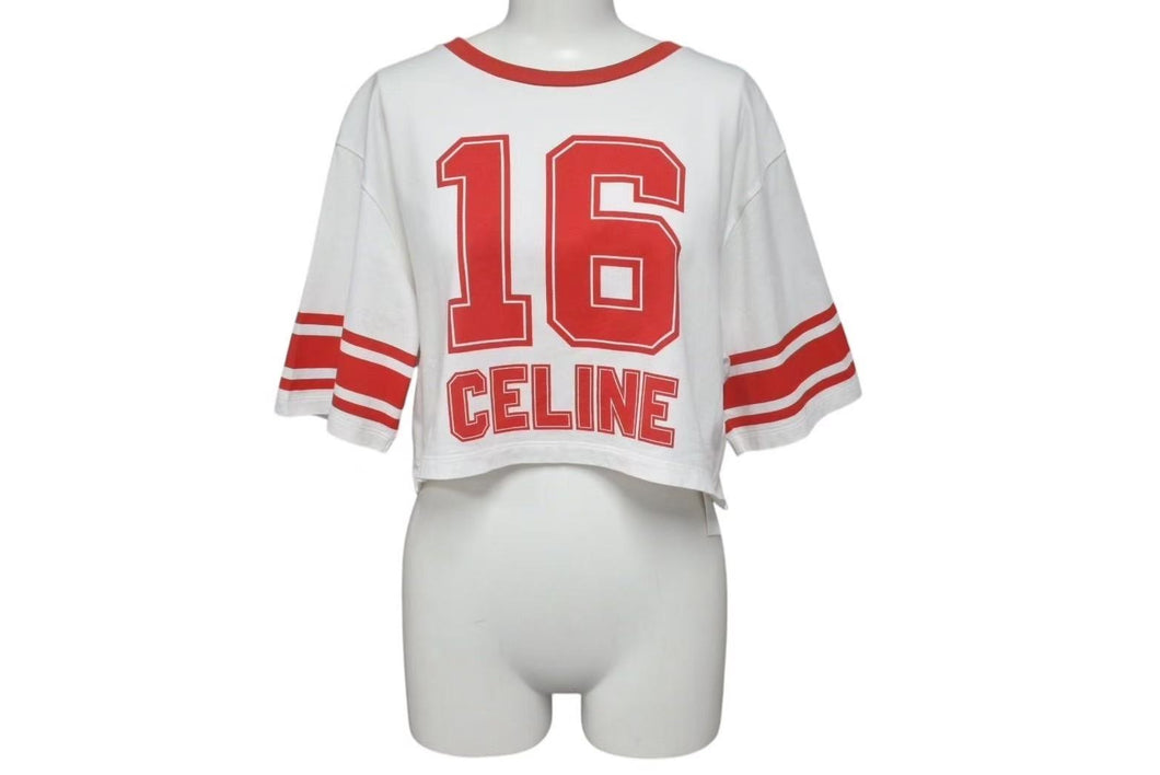 CELINE セリーヌ クロップド ロゴ 半袖Ｔシャツ ホワイト レッド コットン トップス 16 背番号 2X09D671Q サイズS 美品 中古 4c075525