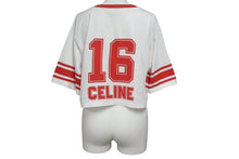 Load image into Gallery viewer, CELINE セリーヌ クロップド ロゴ 半袖Ｔシャツ ホワイト レッド コットン トップス 16 背番号 2X09D671Q サイズS 美品 中古 4c075525