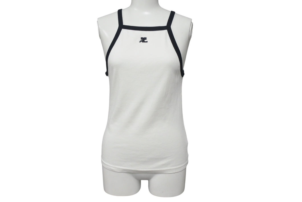 courreges クレージュ ロゴ キャミソール ホワイト ブラック コットン 323JDE048 タンクトップ パッチ サイズS 美品 中古 4c075526