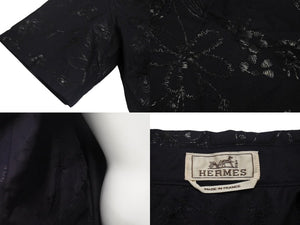 新品未使用 HERMES エルメス オープンカラーシャツ 開襟シャツ 25SS サイズ50 花柄 総柄 刺繍 ネイビー 中古 4c075535