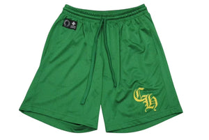 新品未使用 ChromeHearts クロムハーツ SHORTUVARSITY CHプリントメッシュハーフパンツ グリーン イエロー サイズM 4c075554