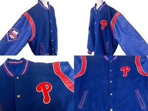 JH DESIGN JHデザイン リバーシブル バーシティジャケット スタジャン PHILLIES フィリーズ MLB ブルー ウール アクリル レザー XXL 美品 中古 4c075671